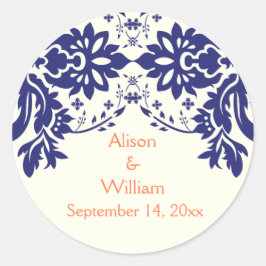 Damask Marine blau, Korallen, Hochzeit Save the Da Runder Aufkleber