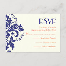 Damask Marine blau, Korallenhochzeit RSVP Antwortk