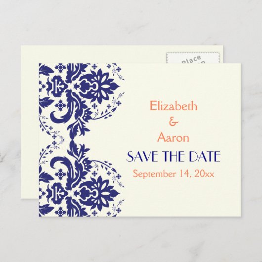 Damask Marine blau, Korallenhochzeit Save the Date Ankündigungspostkarte (Vorne/Hinten)