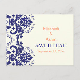 Damask Marine blau, Korallenhochzeit Save the Date Ankündigungspostkarte