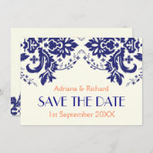 Damask Marine blau, Korallenhochzeit Save the Date Einladung (Vorne/Hinten)
