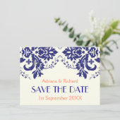 Damask Marine blau, Korallenhochzeit Save the Date Einladung (Stehend Vorderseite)