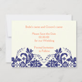 Damask Marine blau, Korallenhochzeit Save the Date Einladung (Rückseite)