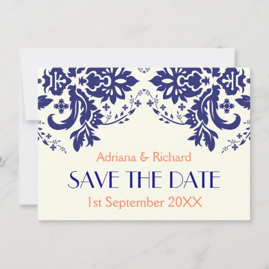 Damask Marine blau, Korallenhochzeit Save the Date Einladung (Vorderseite)