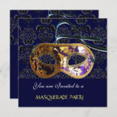 DAMASK MASQUERADE PARTY blau Einladung (Vorne/Hinten)