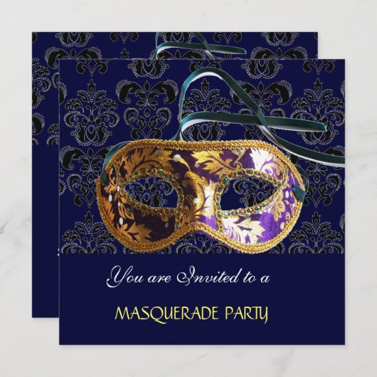 DAMASK MASQUERADE PARTY blau Einladung (Vorne/Hinten)