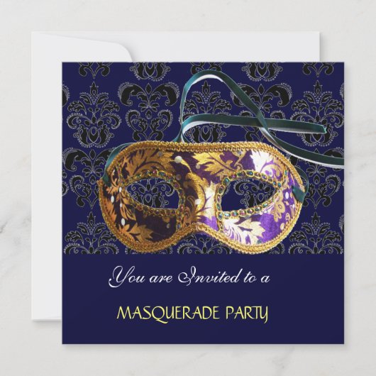 DAMASK MASQUERADE PARTY blau Einladung (Vorderseite)