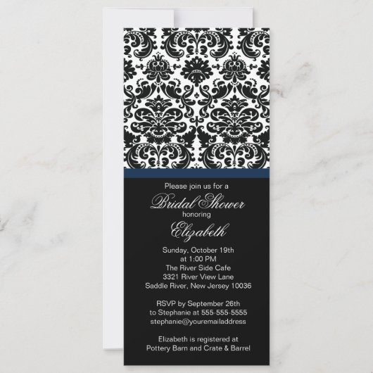Damask Midnight Blue Bridal Dusche Einladung (Vorderseite)