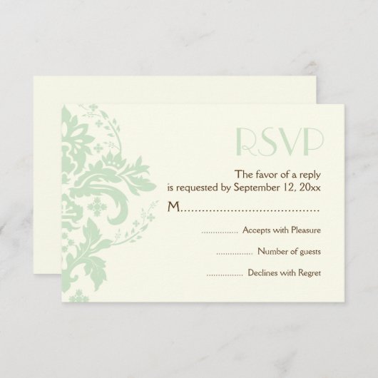 Damask mint green, Elfenbeinhochzeit RSVP Antwortk (Vorne/Hinten)