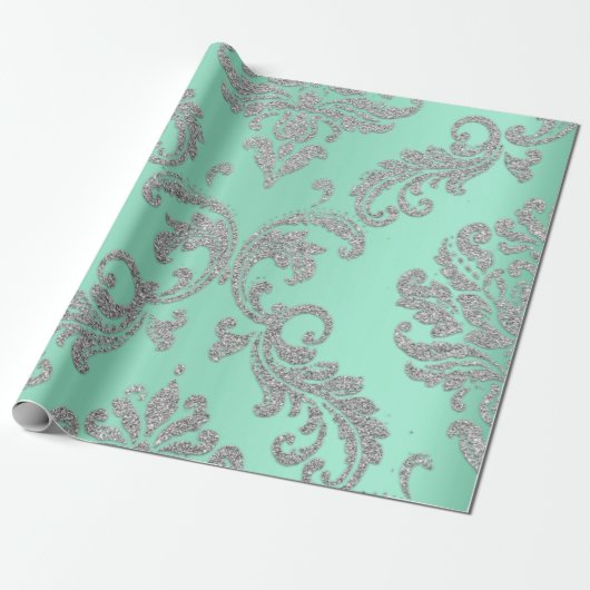 Damask Mint Green Royal Metallic Silver Glitzer Geschenkpapier (Ungerollt)