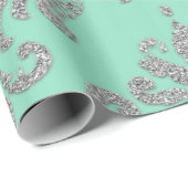 Damask Mint Green Royal Metallic Silver Glitzer Geschenkpapier (Rolleneckpunkt)