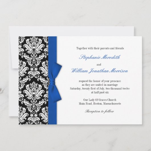 Damask mit Blue Bow Hochzeitsempfang Einladung (Vorderseite)