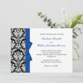 Damask mit Blue Bow Hochzeitsempfang Einladung (Stehend Vorderseite)