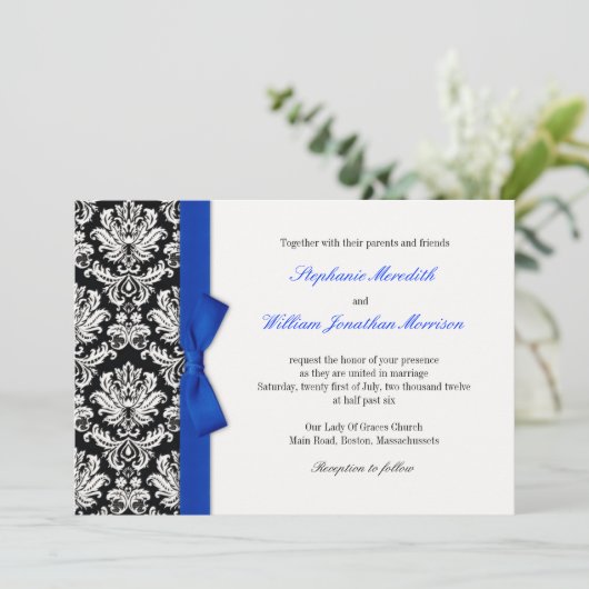 Damask mit Blue Bow Hochzeitsempfang Einladung (Stehend Vorderseite)