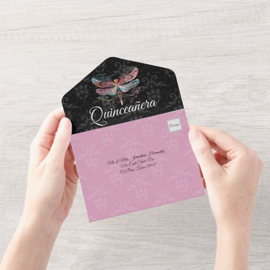 Damask mit Dragonfly Quinceañera All In One Einladung (Eröffnung)