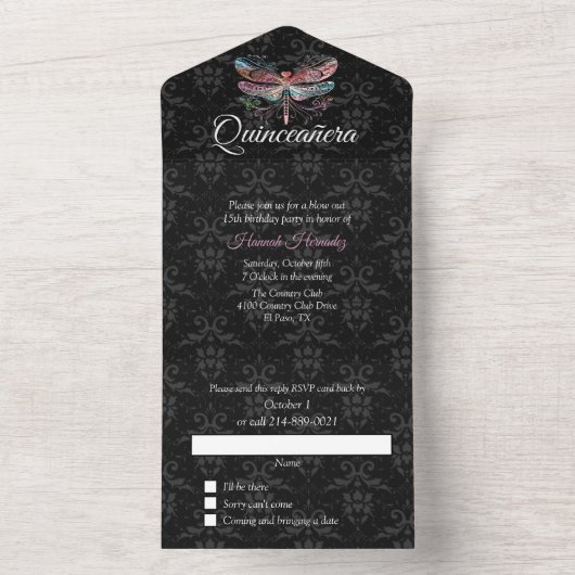 Damask mit Dragonfly Quinceañera All In One Einladung (Innen Boden)