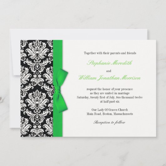 Damask mit grüner Bow-Einladung Einladung (Vorderseite)