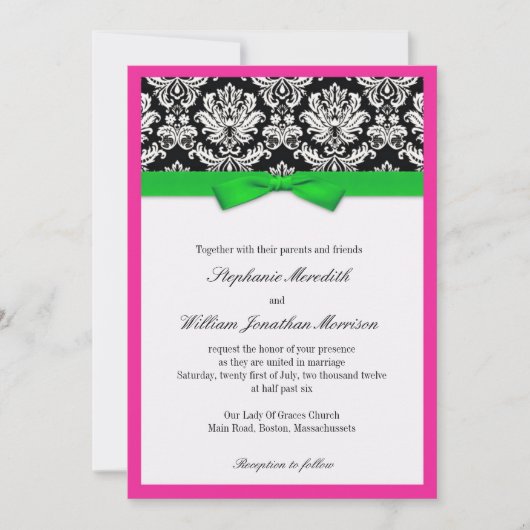 Damask mit grüner und rosa Einladung zur Hochzeit (Vorderseite)