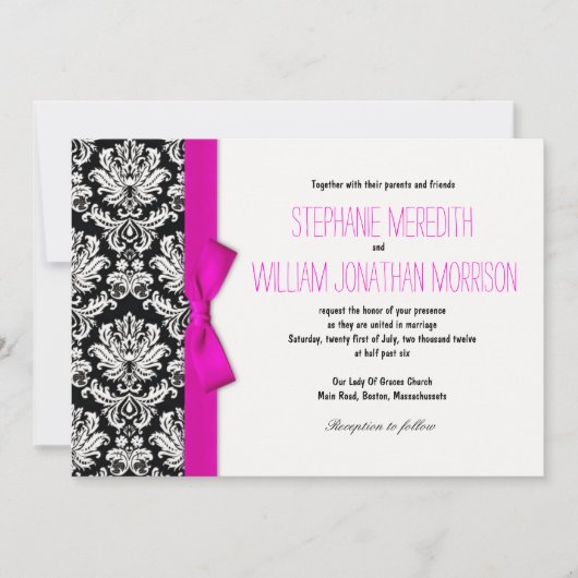 Damask mit Hot Pink Bow Einladung (Vorderseite)