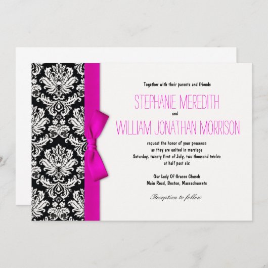 Damask mit Hot Pink Bow Einladung (Vorne/Hinten)