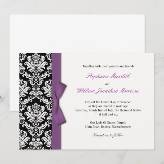 Damask mit Lila Bow-Einladung Einladung (Vorne/Hinten)