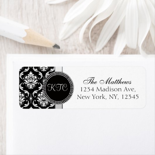Damask Monogram Address Labels Black Silver (Insitu)