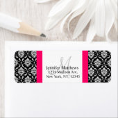 Damask Monogram Address Labels Pink Schwarz-weiß (Insitu)