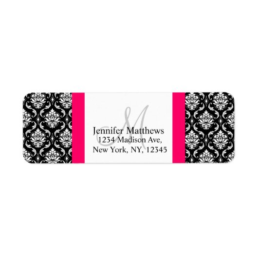 Damask Monogram Address Labels Pink Schwarz-weiß (Vorne)
