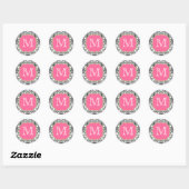 Damask Monogram Black Pink Green Runder Aufkleber (Blatt)