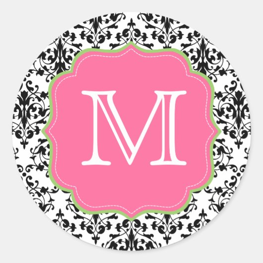Damask Monogram Black Pink Green Runder Aufkleber (Vorderseite)