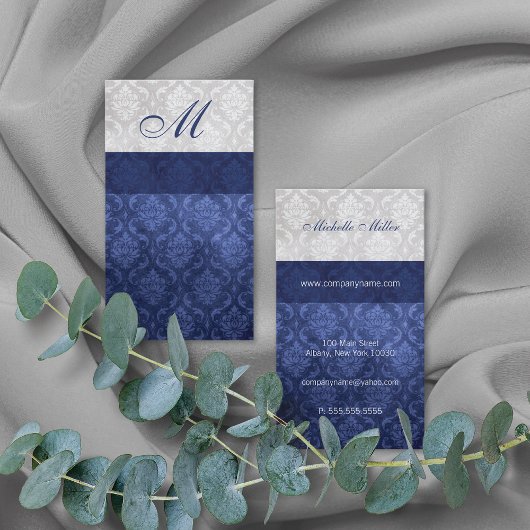 Damask Monogram Blue Gray Visitenkarte
