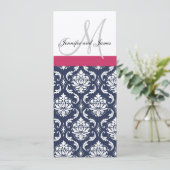 Damask Monogram Blue Pink Cream Weditation Einladung (Stehend Vorderseite)