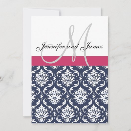 Damask Monogram Blue Pink White Weditation Einladu Einladung (Vorderseite)
