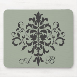 Damask Monogram in Elegangrau oder Grau Mousepad
