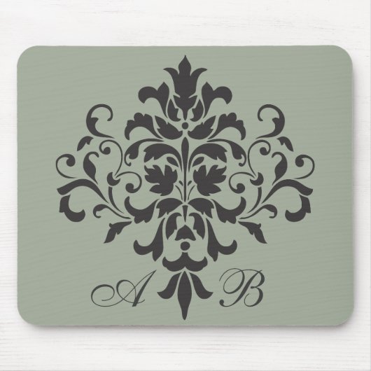 Damask Monogram in Elegangrau oder Grau Mousepad (Vorne)