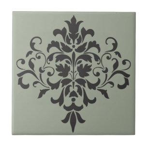 Damask Monogram in Elegangrau und Schwarz Fliese