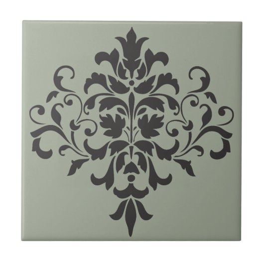 Damask Monogram in Elegangrau und Schwarz Fliese (Vorderseite)