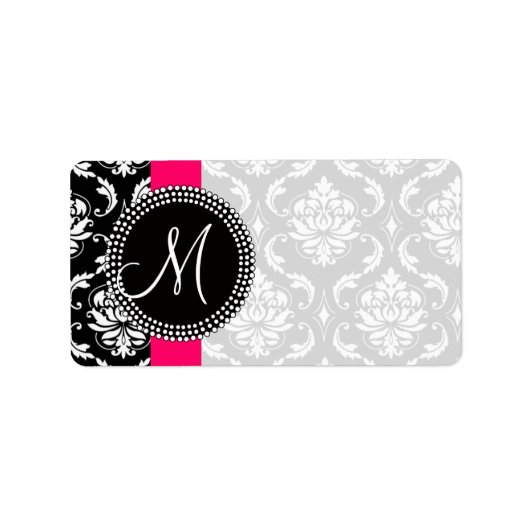 Damask Monogram Labels Pink für Hochzeiten Adressaufkleber (Vorne)
