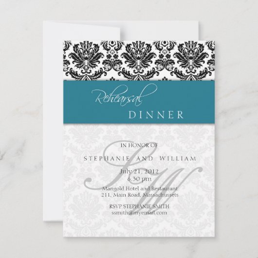 Damask Monogram Probe Dinner Card Aquamarin Einladung (Vorderseite)