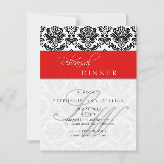 Damask Monogram Probe Dinner Card Rot Einladung (Vorderseite)