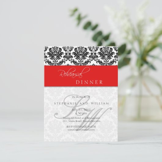 Damask Monogram Probe Dinner Card Rot Einladung (Stehend Vorderseite)