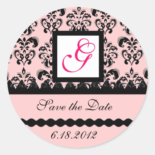 DAMASK MONOGRAM, rosa Fuchsie Runder Aufkleber (Vorderseite)