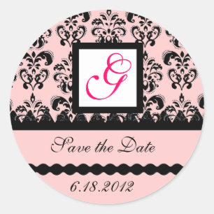 DAMASK MONOGRAM, rosa Fuchsie Runder Aufkleber