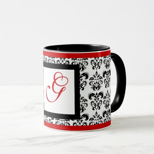 DAMASK MONOGRAM, rot Tasse (VorderseiteRechts)