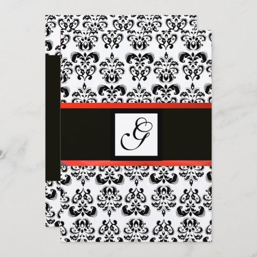 DAMASK MONOGRAM, schwarz, rot, metallisch Einladung (Vorne/Hinten)
