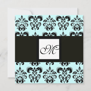 DAMASK MONOGRAM, schwarz und weiß, blau Einladung