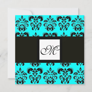 DAMASK MONOGRAM,schwarz und weiß,blau türkis Einladung