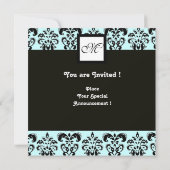 DAMASK MONOGRAM, schwarz-weiß, blau Einladung (Rückseite)