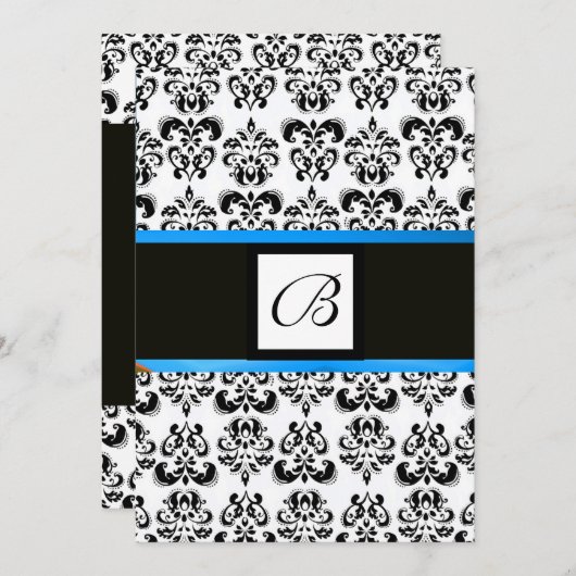 DAMASK MONOGRAM, schwarz-weiß, blau Einladung (Vorne/Hinten)