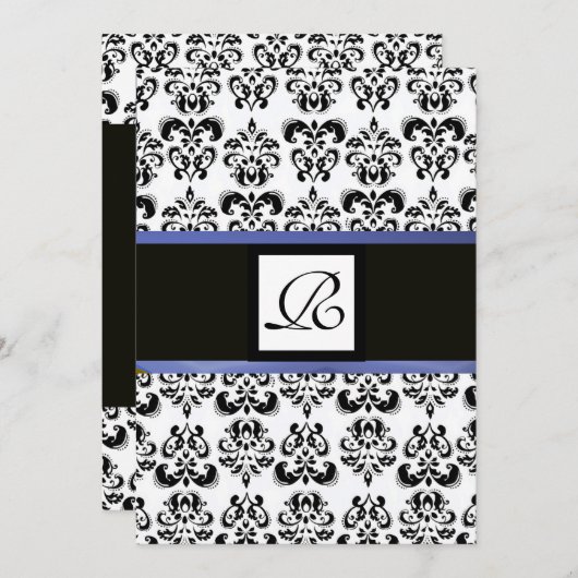 DAMASK-MONOGRAM, Schwarz-weiß, blau Einladung (Vorne/Hinten)